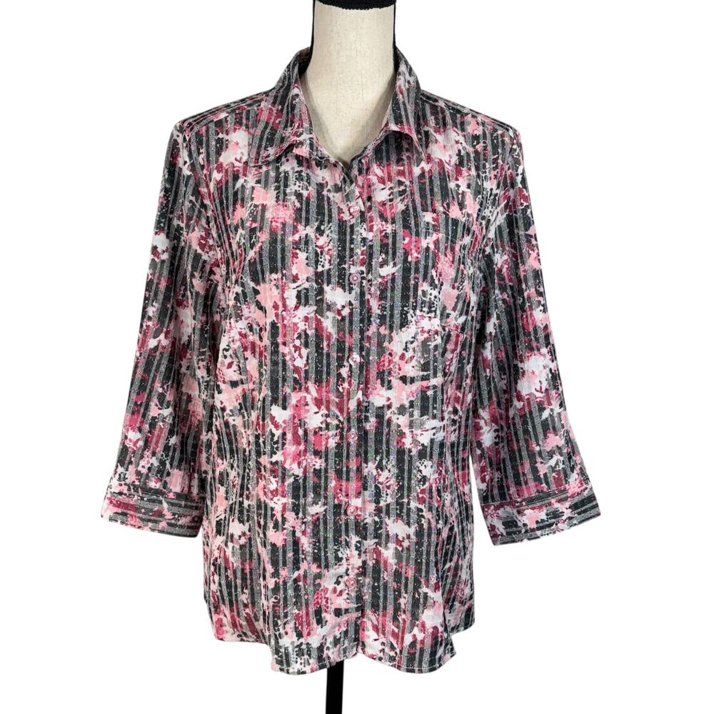 Christopher & Banks Large Top Button-Up 3/4 Sleeve Pocket Side Slits Abstract